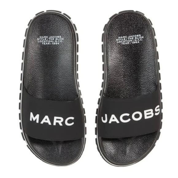 Marc Jacobs Slides Womens Size 6 Black Logo Slip On Sandals Designer Pool NEW - Picture 4 of 15
